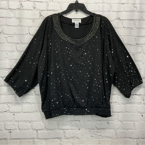 C.D. Daniels Plus Size Top Women's 3x Black Sequin Embellished Pullover Smocked - Picture 2 of 5